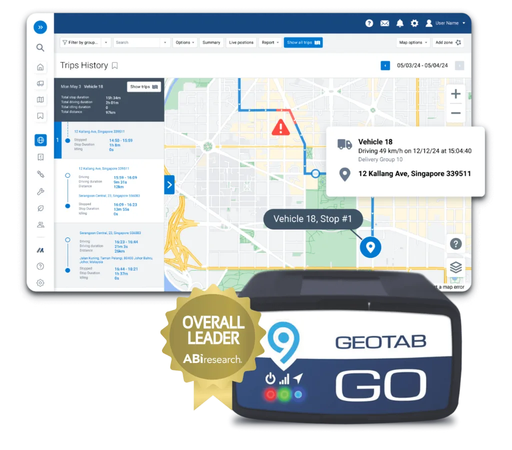 Trips history in MyGeotab: the route replayed stop by stop with durations