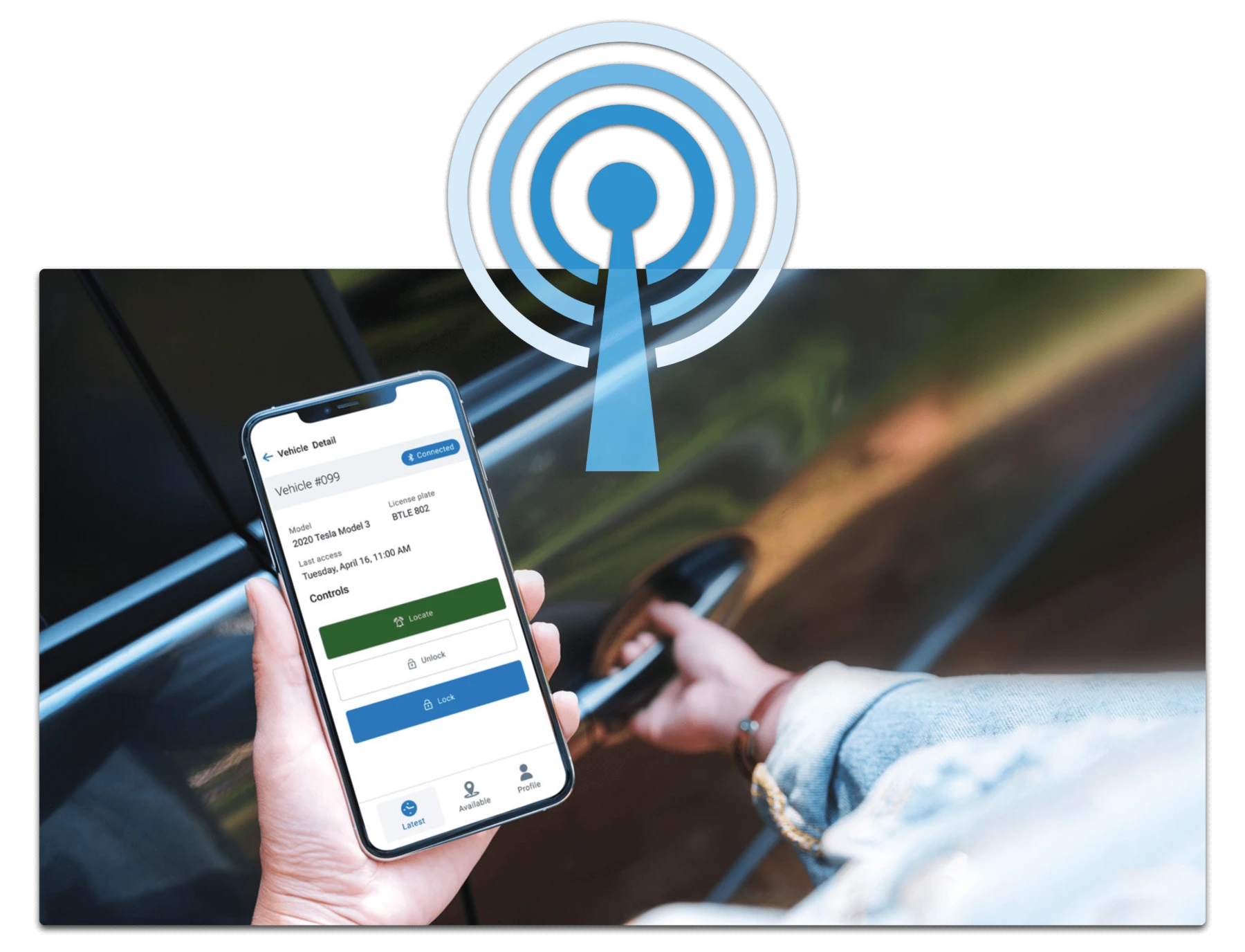 Geotab Keyless app ยท unlock, lock, and the last access time on the vehicle record
