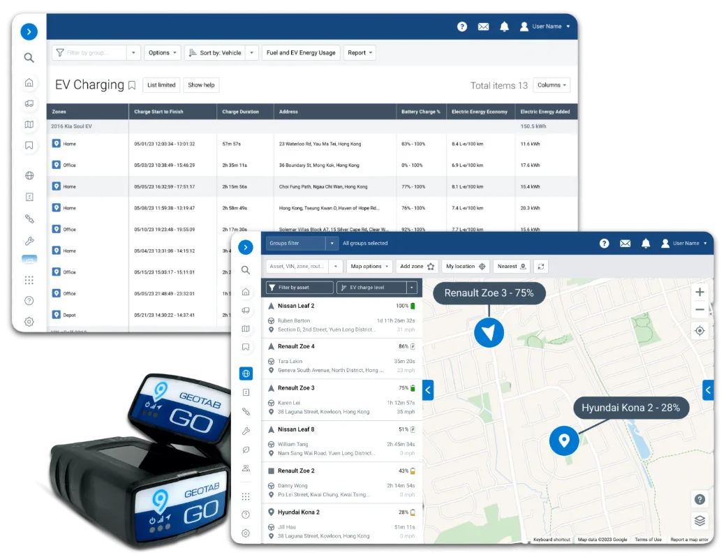 MyGeotab EV charging: sessions logged with energy added, live charge level on the map