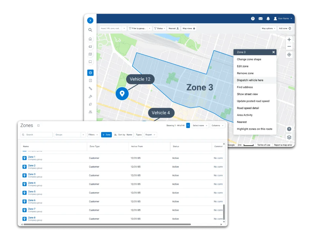 MyGeotab zone editor: a geofence drawn on the live map once, reused by every rule and report