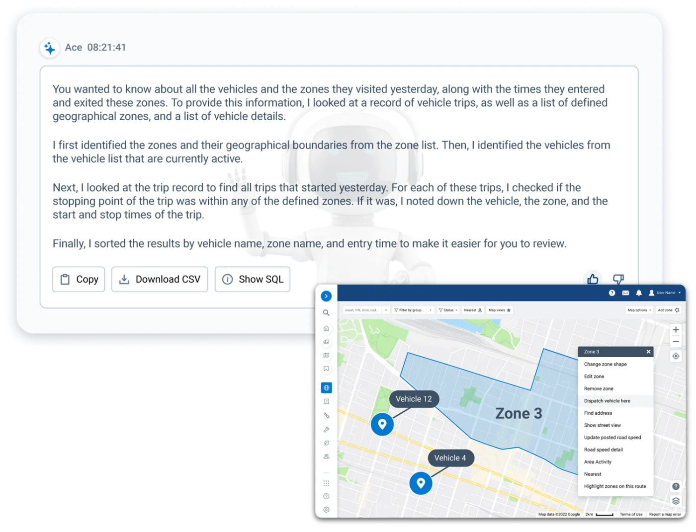 Geotab Ace chat interface answering a fleet question
