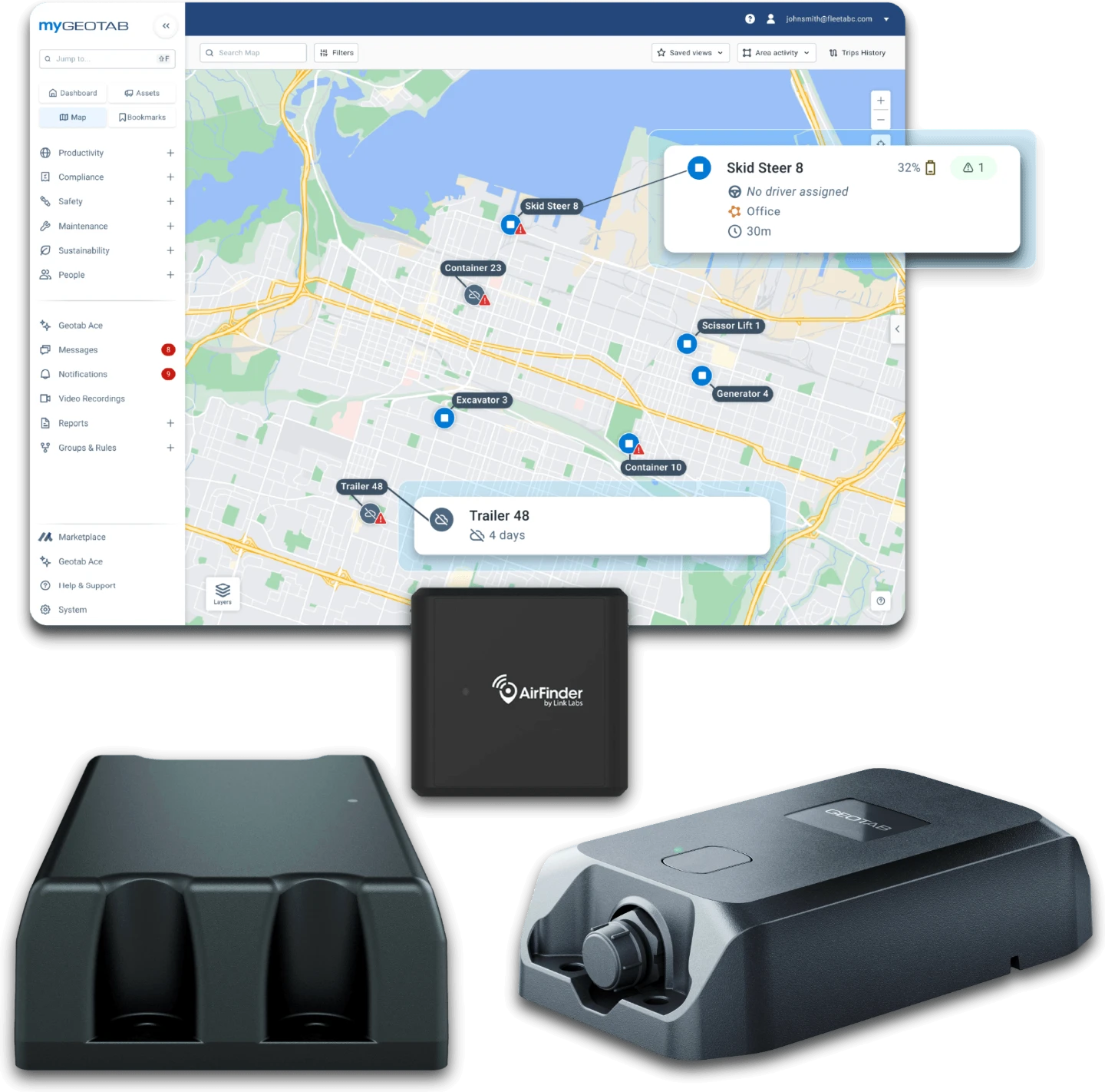Live asset locations on the MyGeotab map with Geotab GO Anywhere trackers and an AirFinder Bluetooth tag