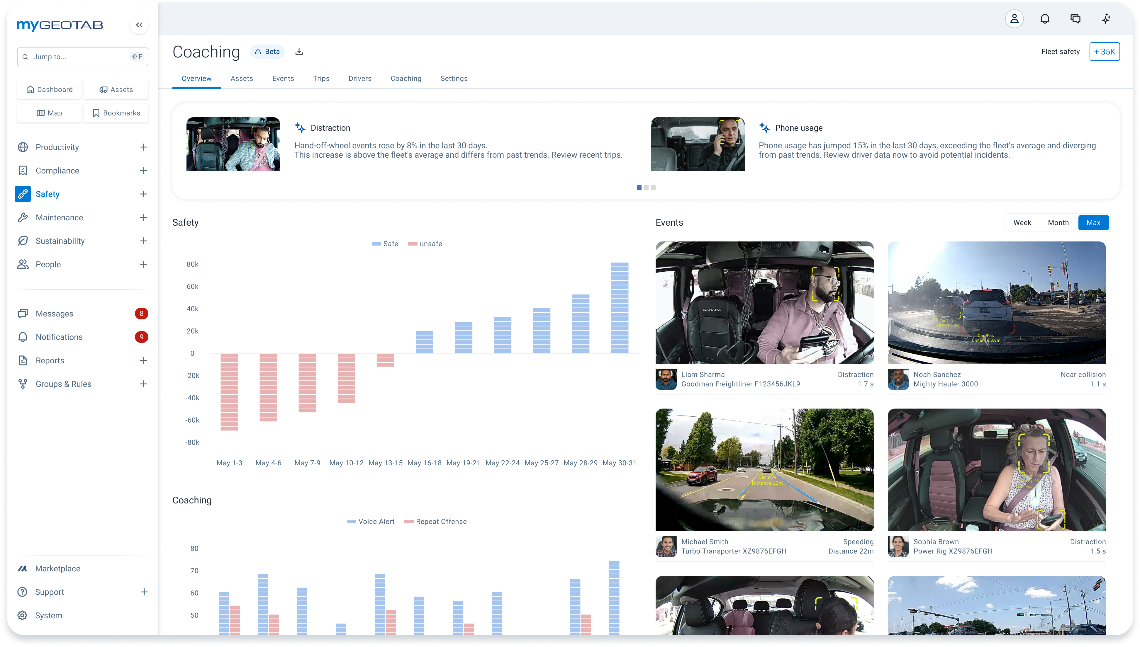 MyGeotab coaching overview with video events
