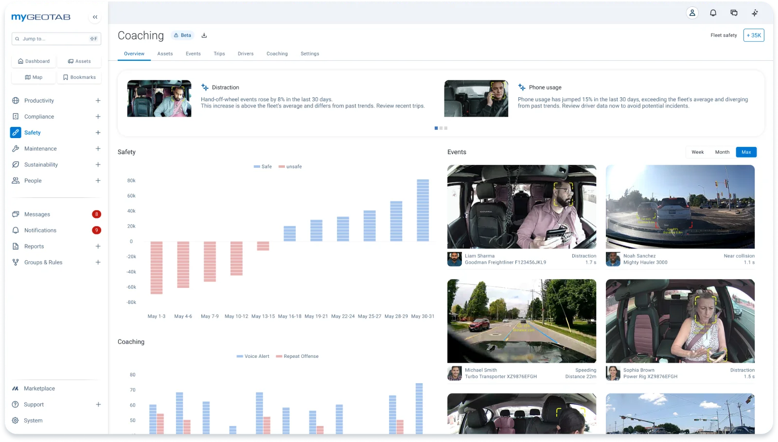 MyGeotab coaching overview with video events