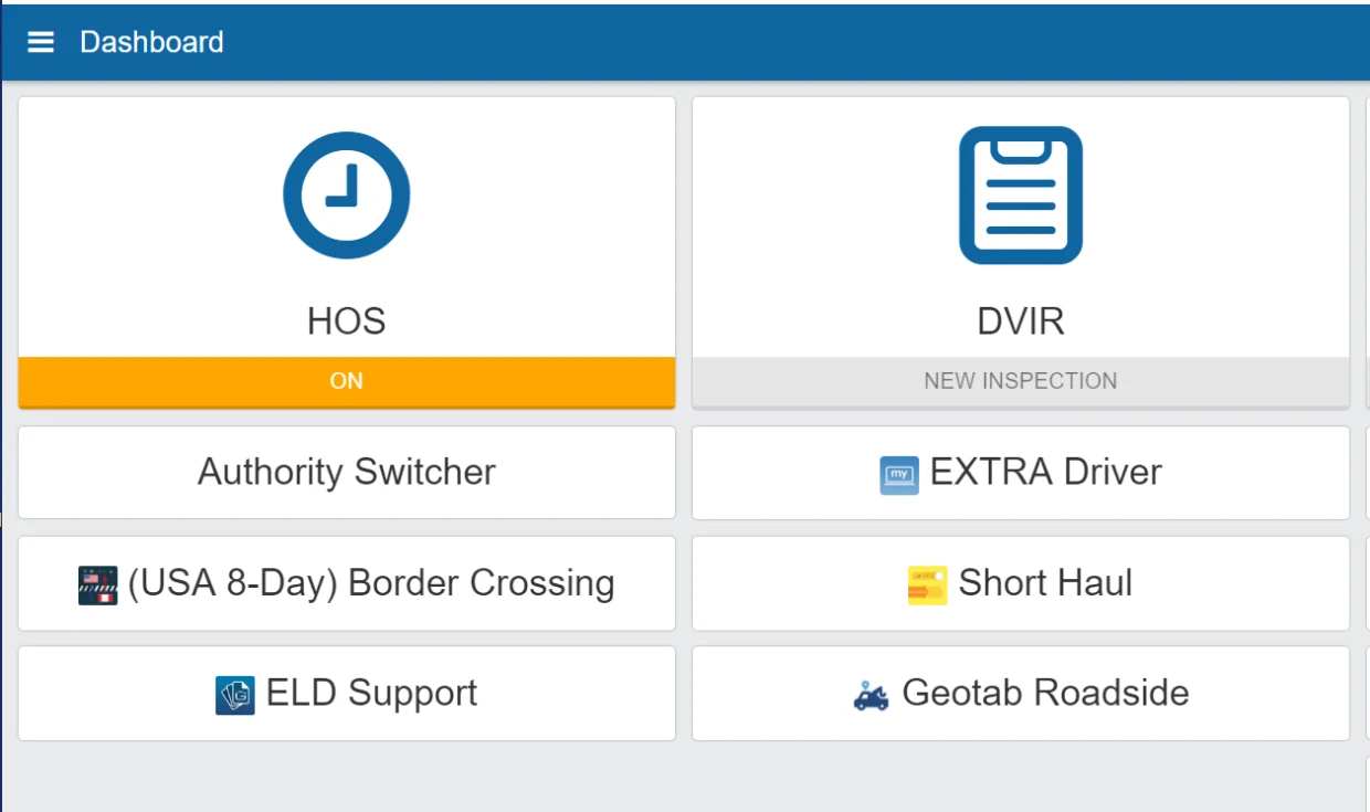 Geotab Drive app dashboard with HOS, DVIR, and driver tools