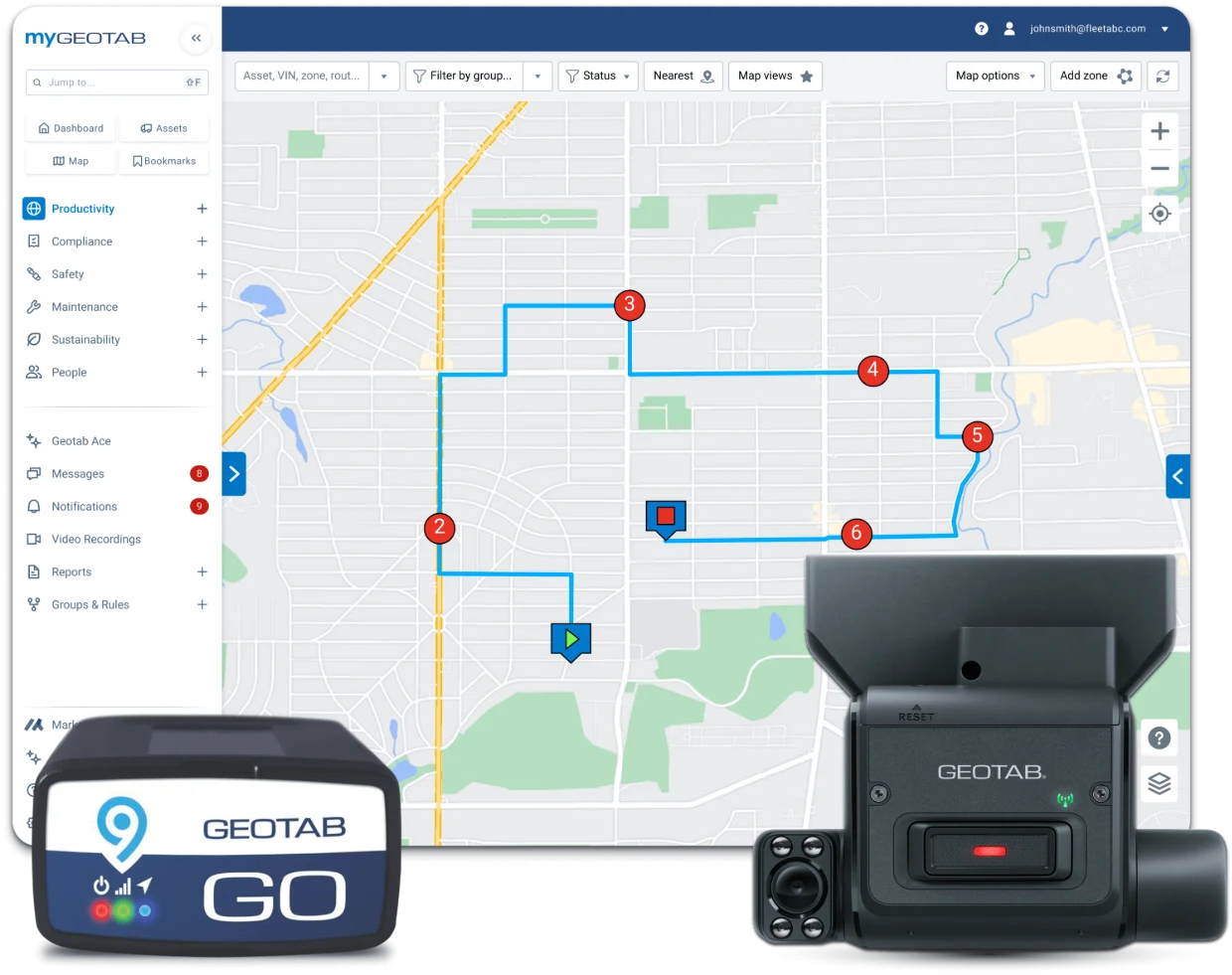 MyGeotab live map with a routed fleet, GO device, and dash camera