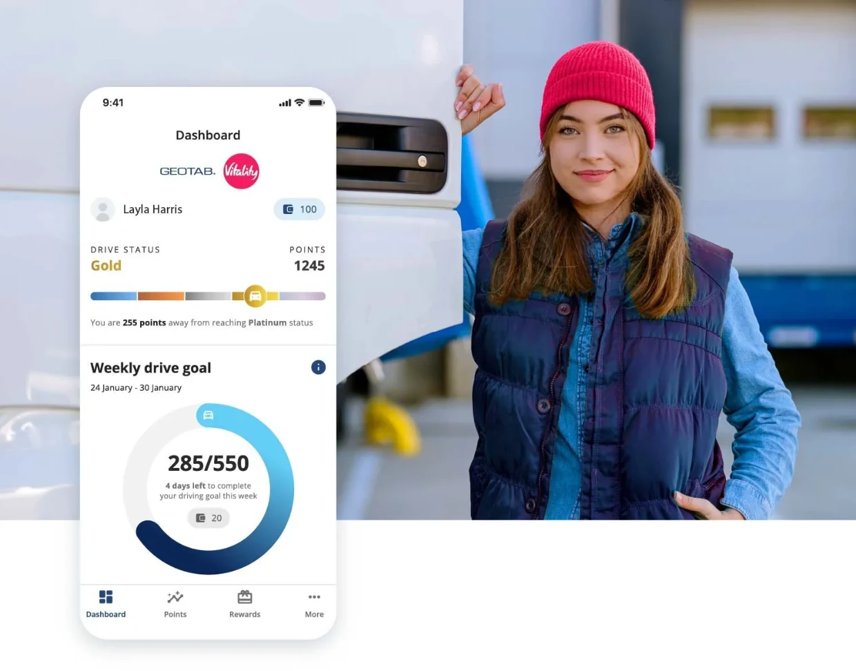 Driver rewards app showing a weekly drive goal beside a smiling driver