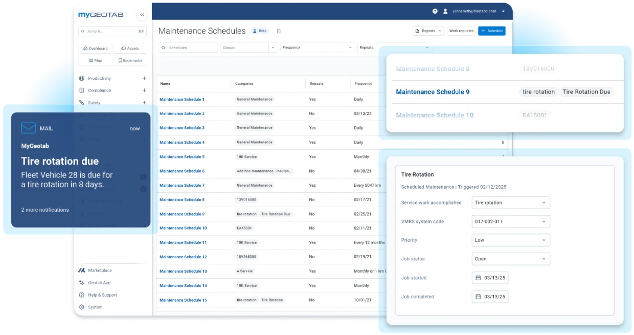 MyGeotab maintenance schedules with a tire rotation due notification