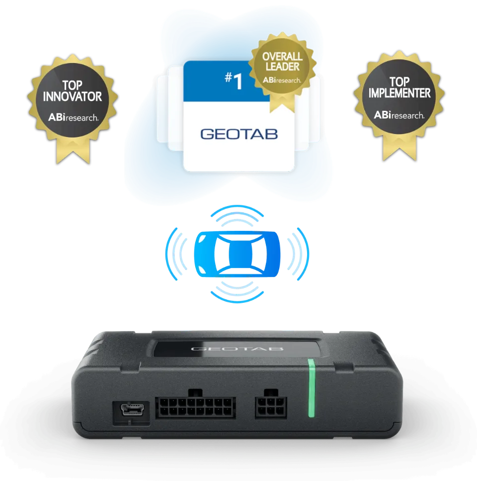Geotab Next-Gen GO10 vehicle tracking device with ABI Research award badges