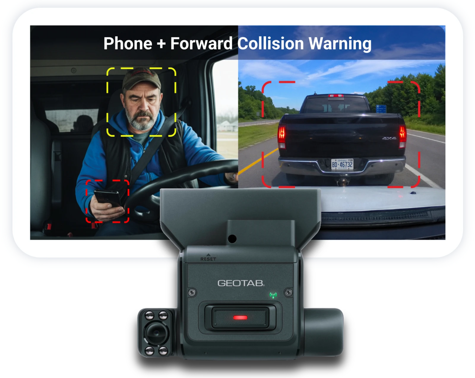 GO Focus Plus dual-facing detection: the driver-facing view flagging phone use beside the road-facing forward collision warning, with the camera below