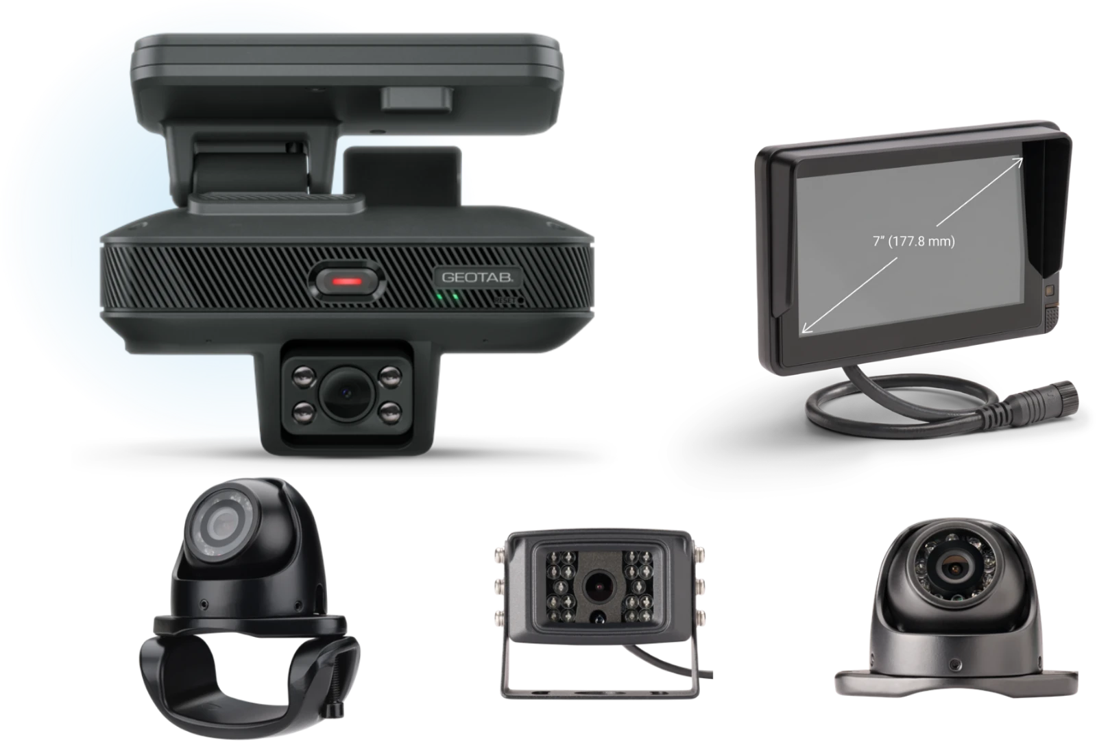 Geotab GO Focus Pro kit: the dual-facing camera, the 7-inch backup monitor, and three weatherproof add-on cameras