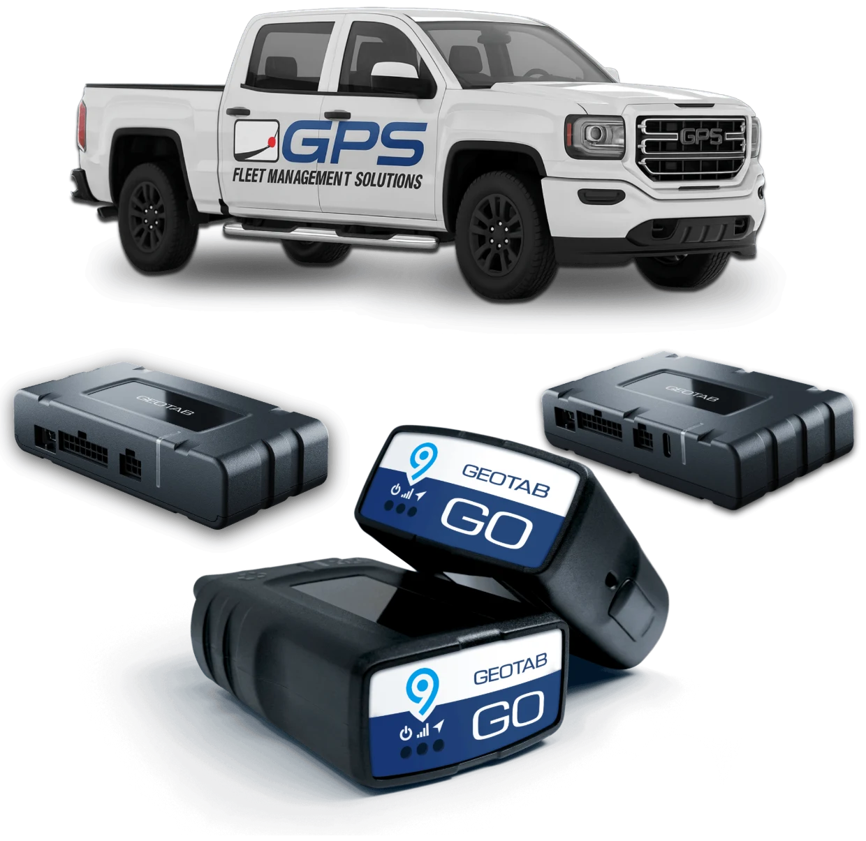 Geotab GO vehicle tracking devices with a GPS Fleet Management Solutions pickup truck