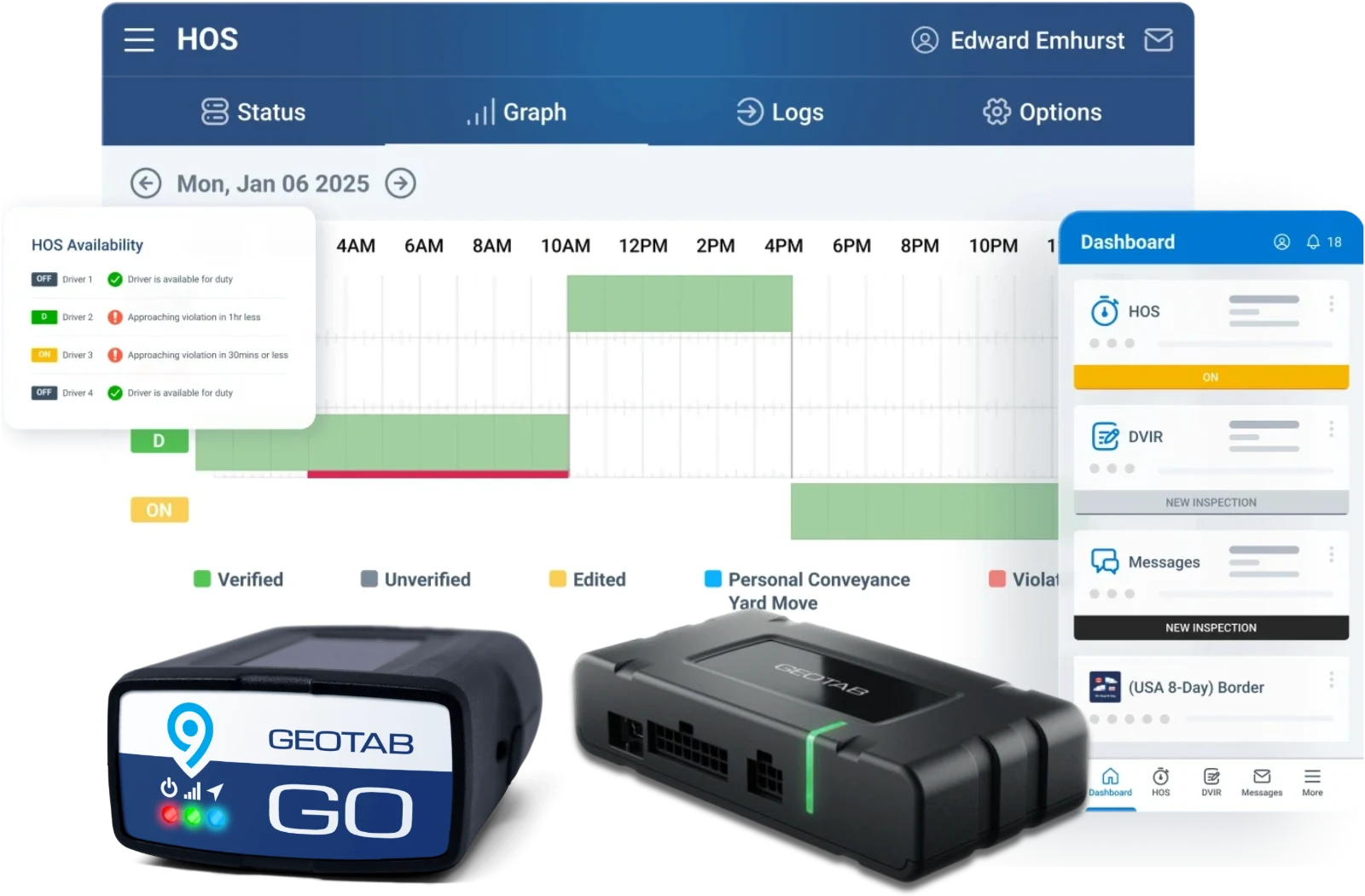 Geotab Drive HOS graph and dashboard screens with GO9 and GO devices