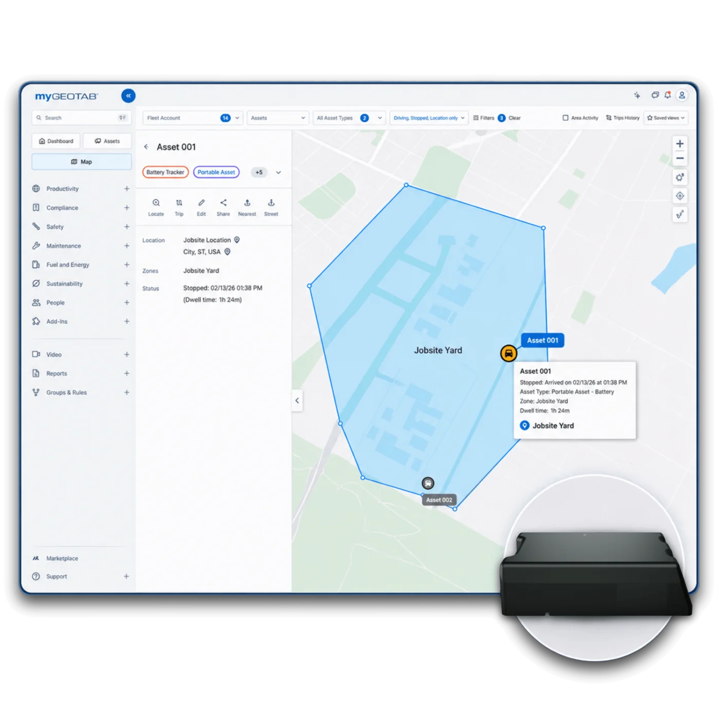 Geotab GO Anywhere tracker with MyGeotab asset location cards