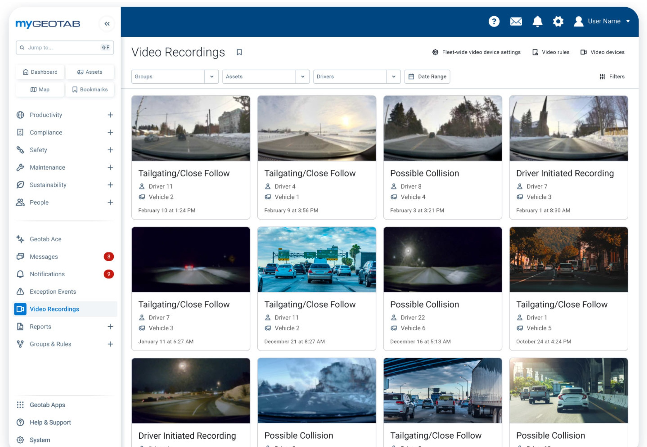 MyGeotab Video Recordings review queue showing flagged dash cam events labeled by driver, vehicle, and timestamp