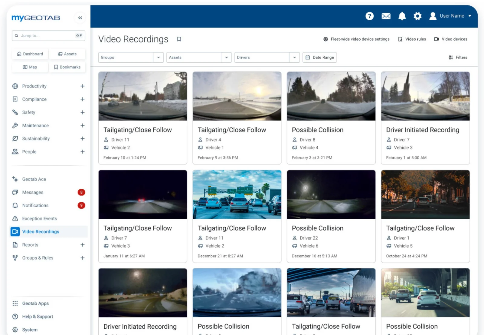 MyGeotab Video Recordings review queue showing flagged dash cam events labeled by driver, vehicle, and timestamp