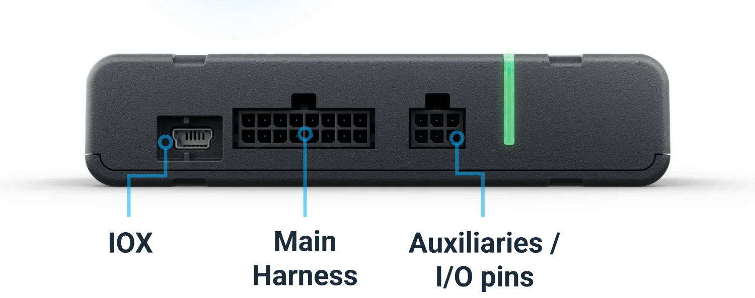 The back of the Next-Gen GO10: IOX port, main harness, and auxiliary I/O pins