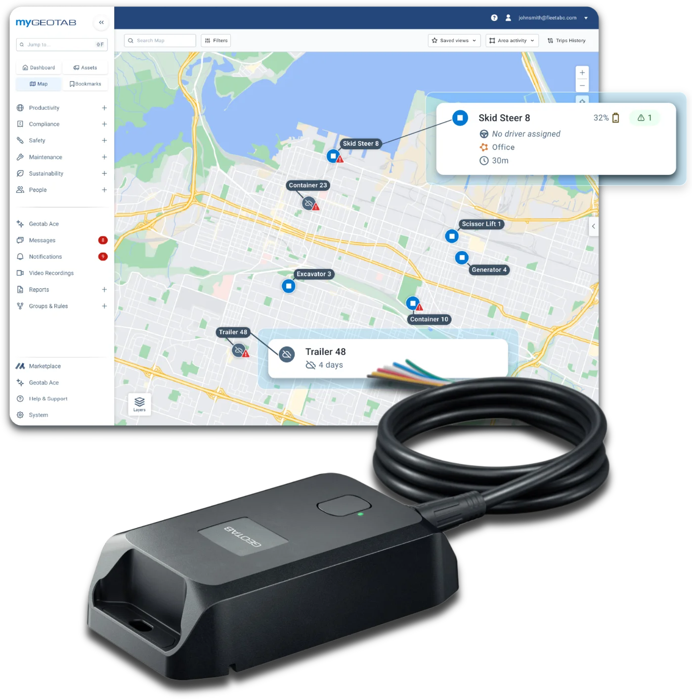 Geotab GO Anywhere Plus and the MyGeotab map of skid steers, lifts, and trailers