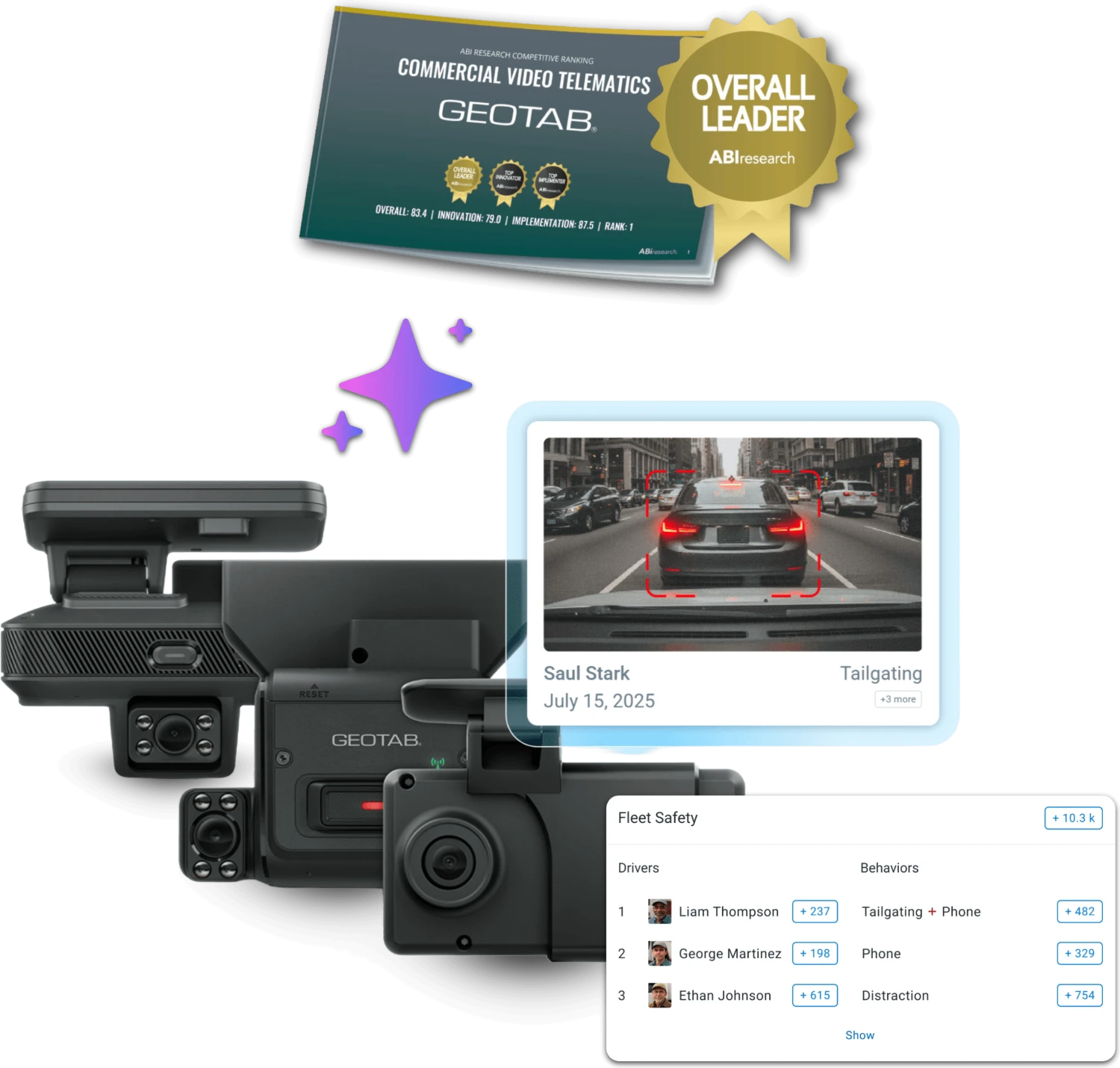 The Geotab GO Focus AI dash camera family with the ABI Research Commercial Video Telematics Overall Leader award, a tailgating event clip, and a fleet safety scorecard