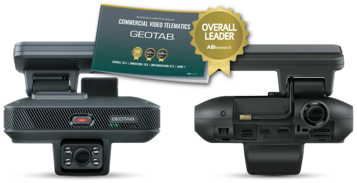 Geotab GO Focus Pro, front and back, with the ABI Research Overall Leader award