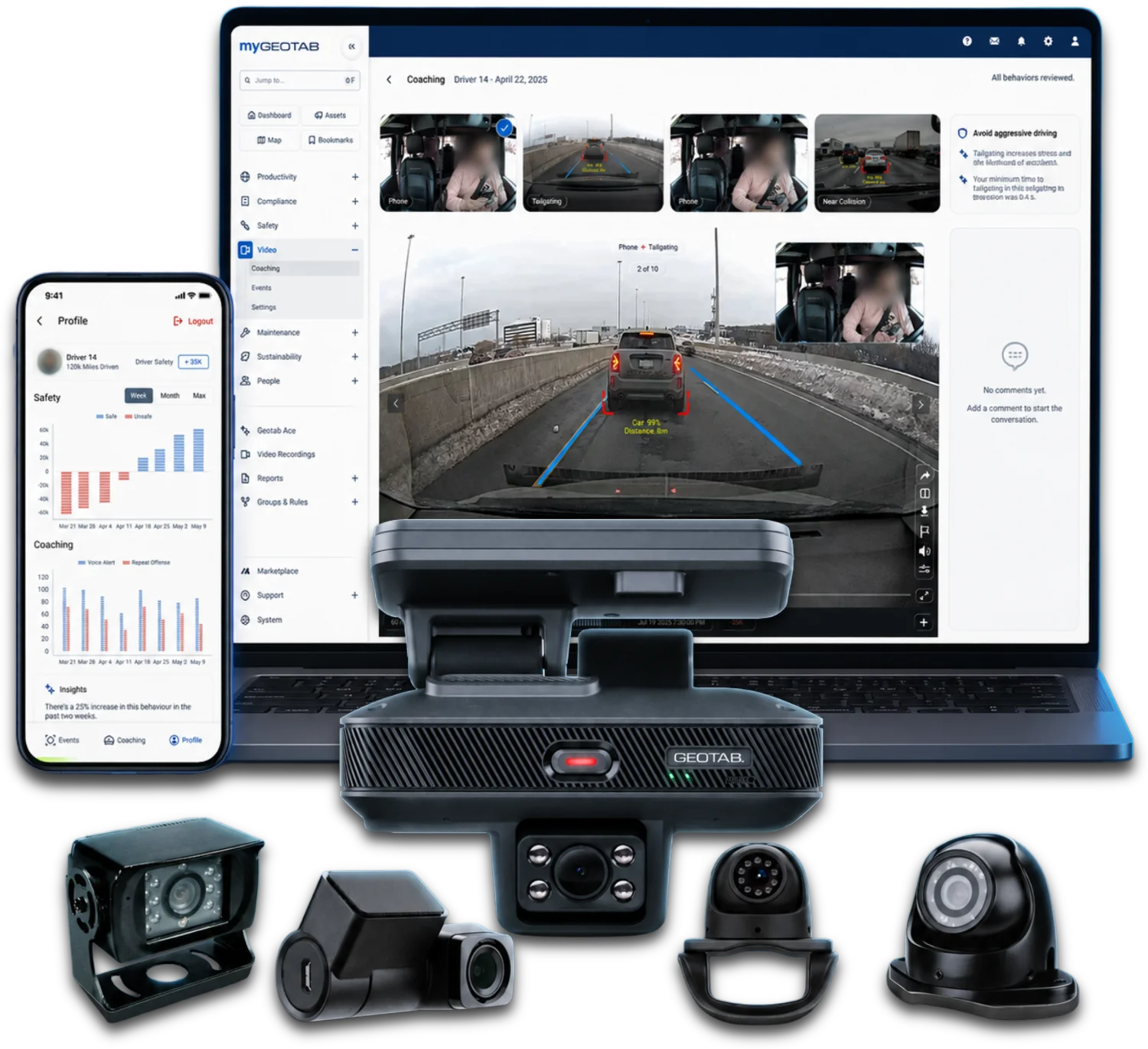 Geotab GO Focus Pro system: camera, auxiliary lenses, MyGeotab coaching review, and the driver app