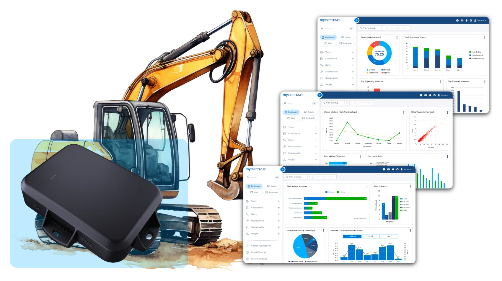 Geotab GO Rugged on an excavator with MyGeotab safety, idle-cost, and savings dashboards