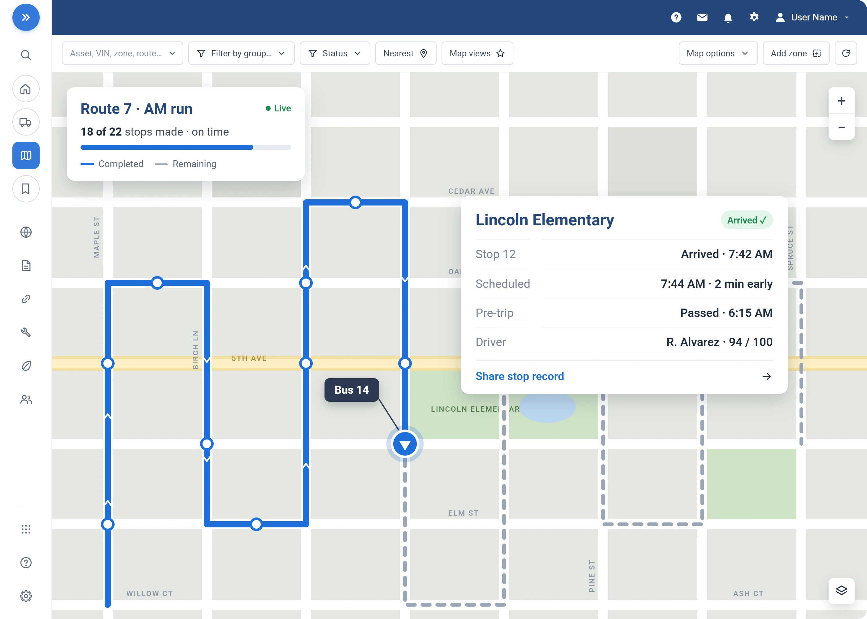 MyGeotab live map of Route 7's morning run: 18 of 22 stops made on time, Bus 14 mid-route, and the stop record for Lincoln Elementary with the pre-trip inspection passed