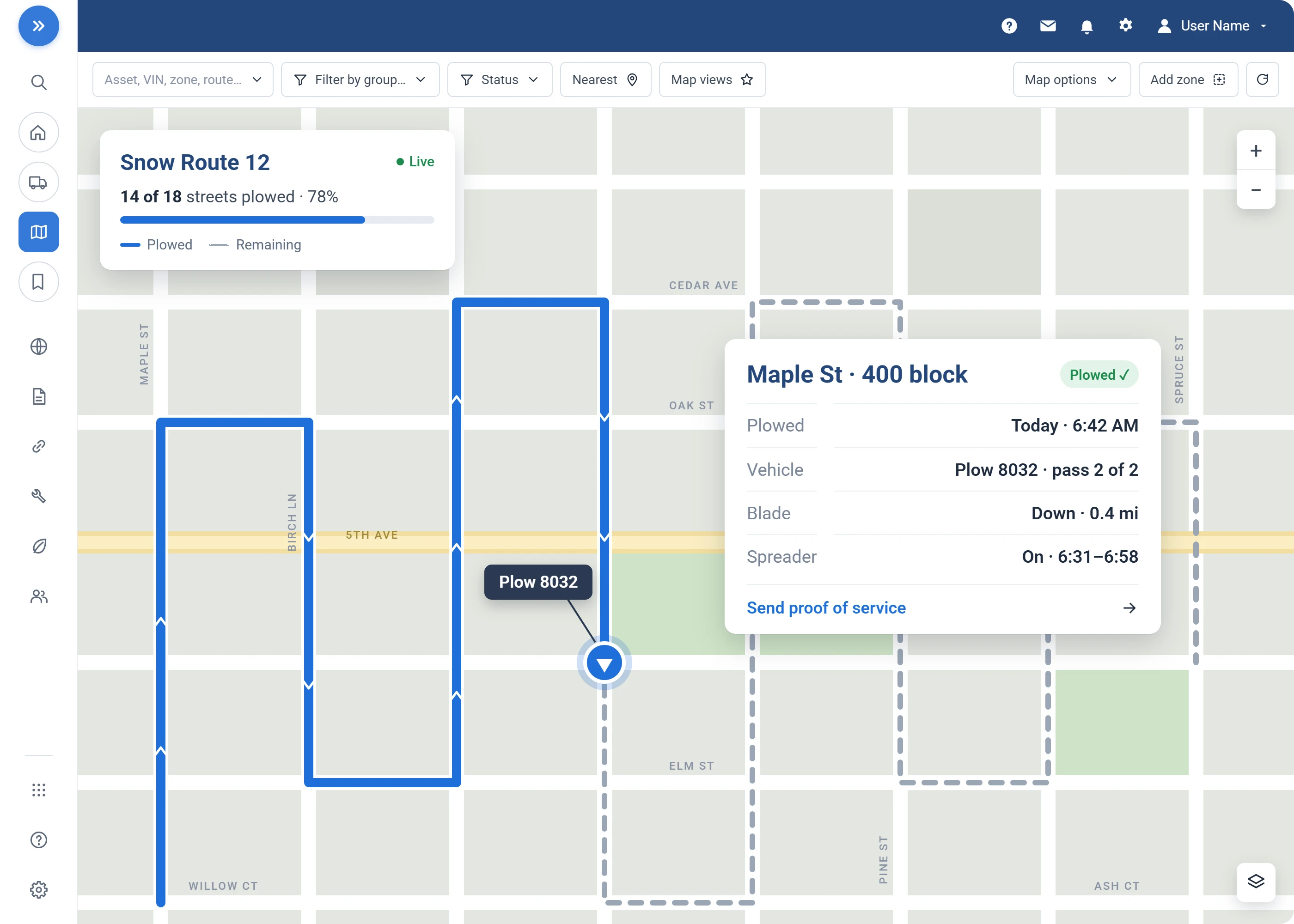 MyGeotab live map of Snow Route 12: fourteen of eighteen streets plowed, Plow 8032 mid-route, and the proof-of-service card for the 400 block of Maple St