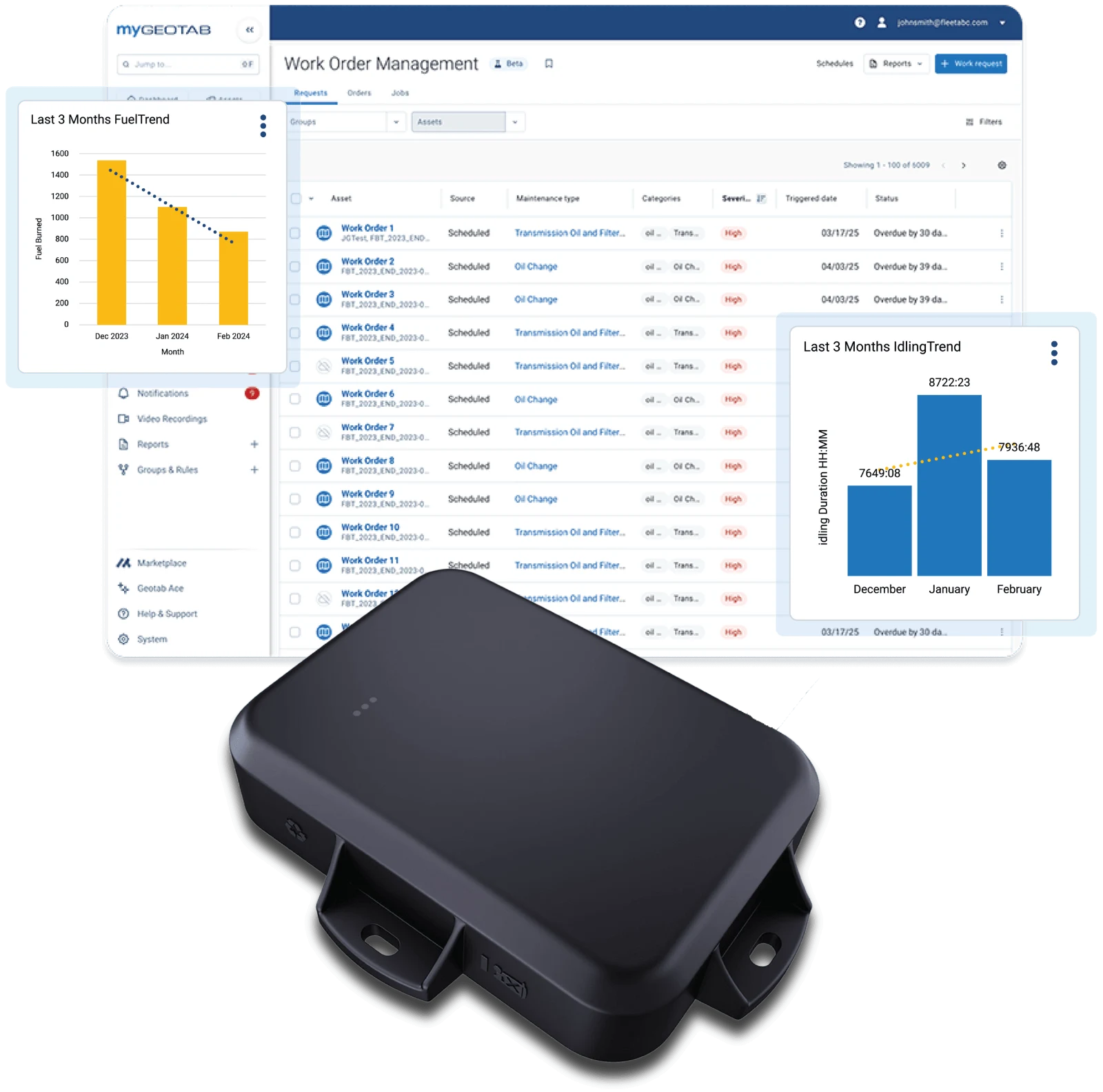 Geotab GO Rugged with MyGeotab work order management, fuel trend, and idling trend reports