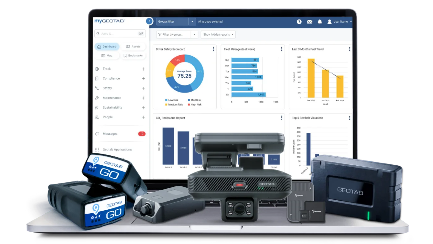 The Geotab platform with GO devices, cameras, and asset trackers