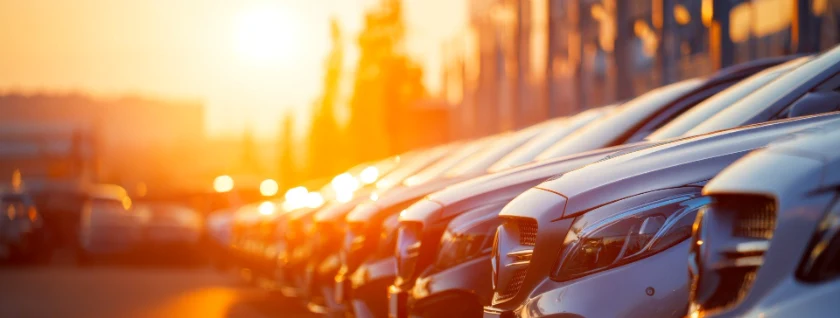 Rental car fleet parked in a lot