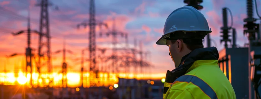 Utility lineman working at a substation at sunset