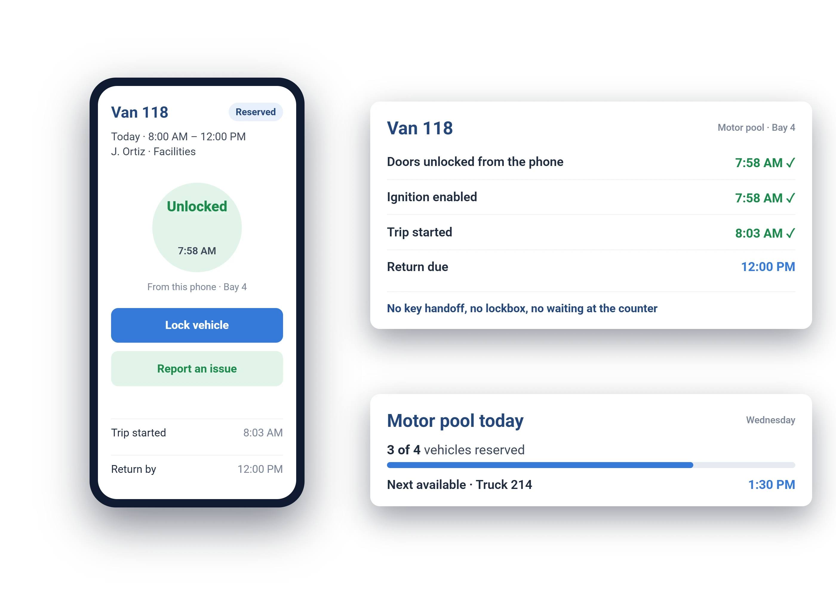 Phone screen showing Van 118 unlocked at 7:58 AM beside the vehicle record: doors unlocked from the phone, ignition enabled, trip started 8:03 AM, return due 12:00 PM, and today's motor pool reservations