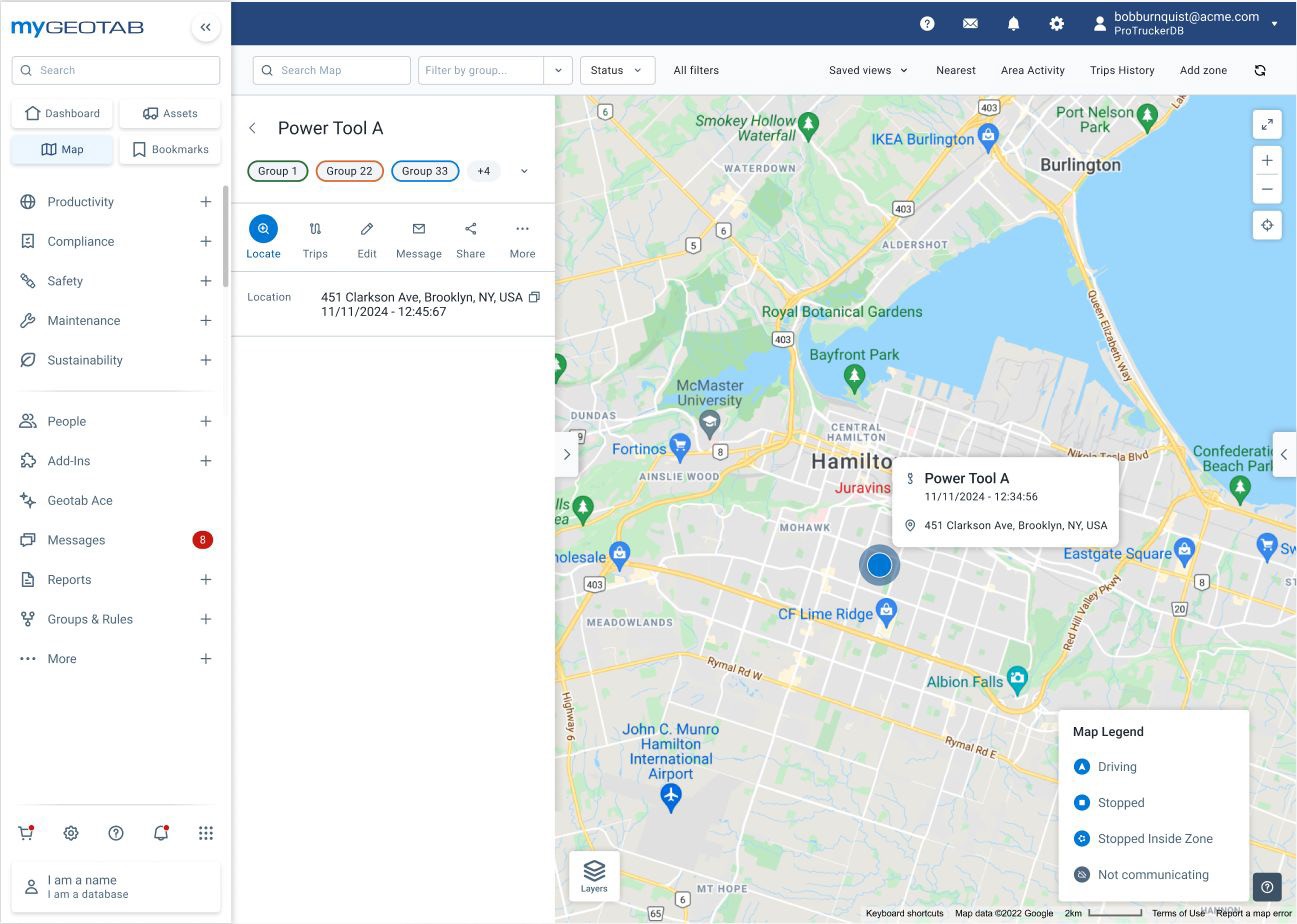 MyGeotab map pinpointing a vehicle’s exact location