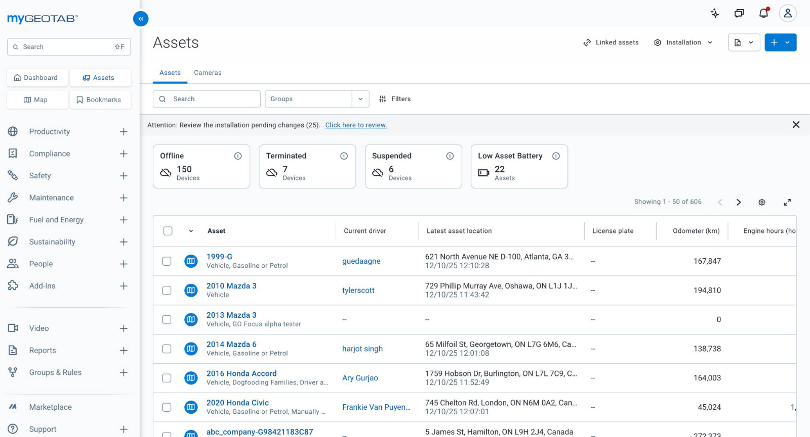 MyGeotab assets view listing vehicles across makes and models