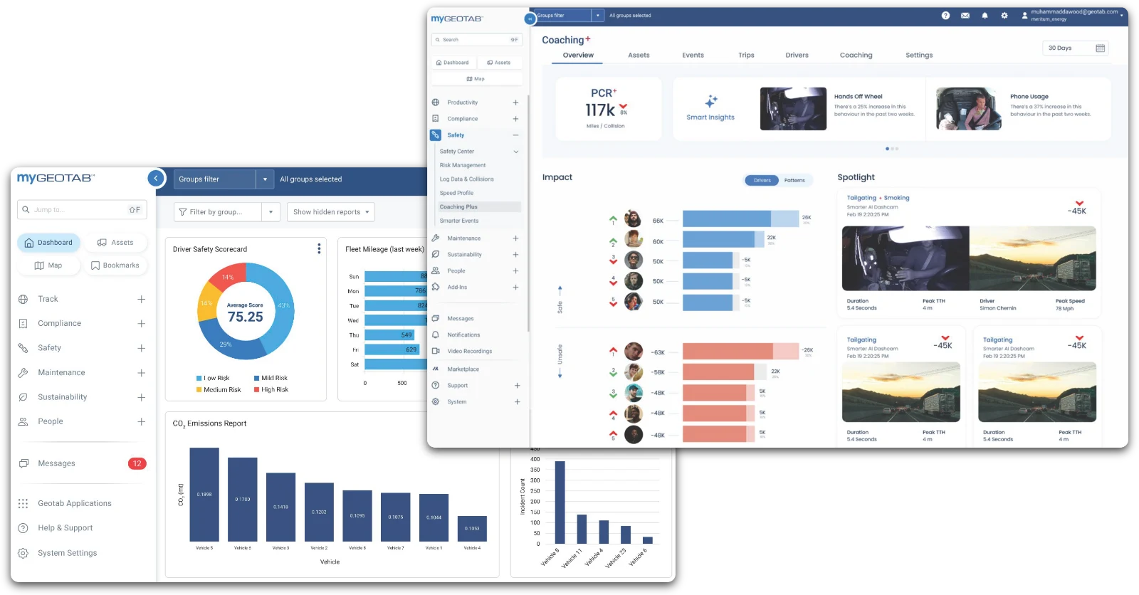 MyGeotab Coaching overview with driver safety scorecard and emissions reports