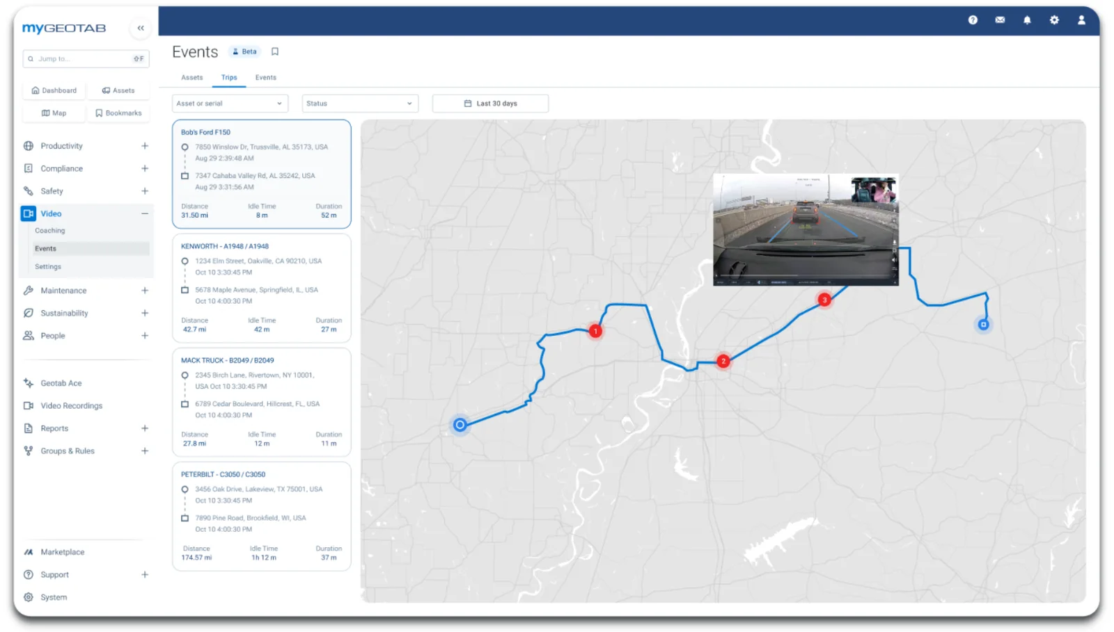 MyGeotab trips with distance, idle time, and duration for every vehicle