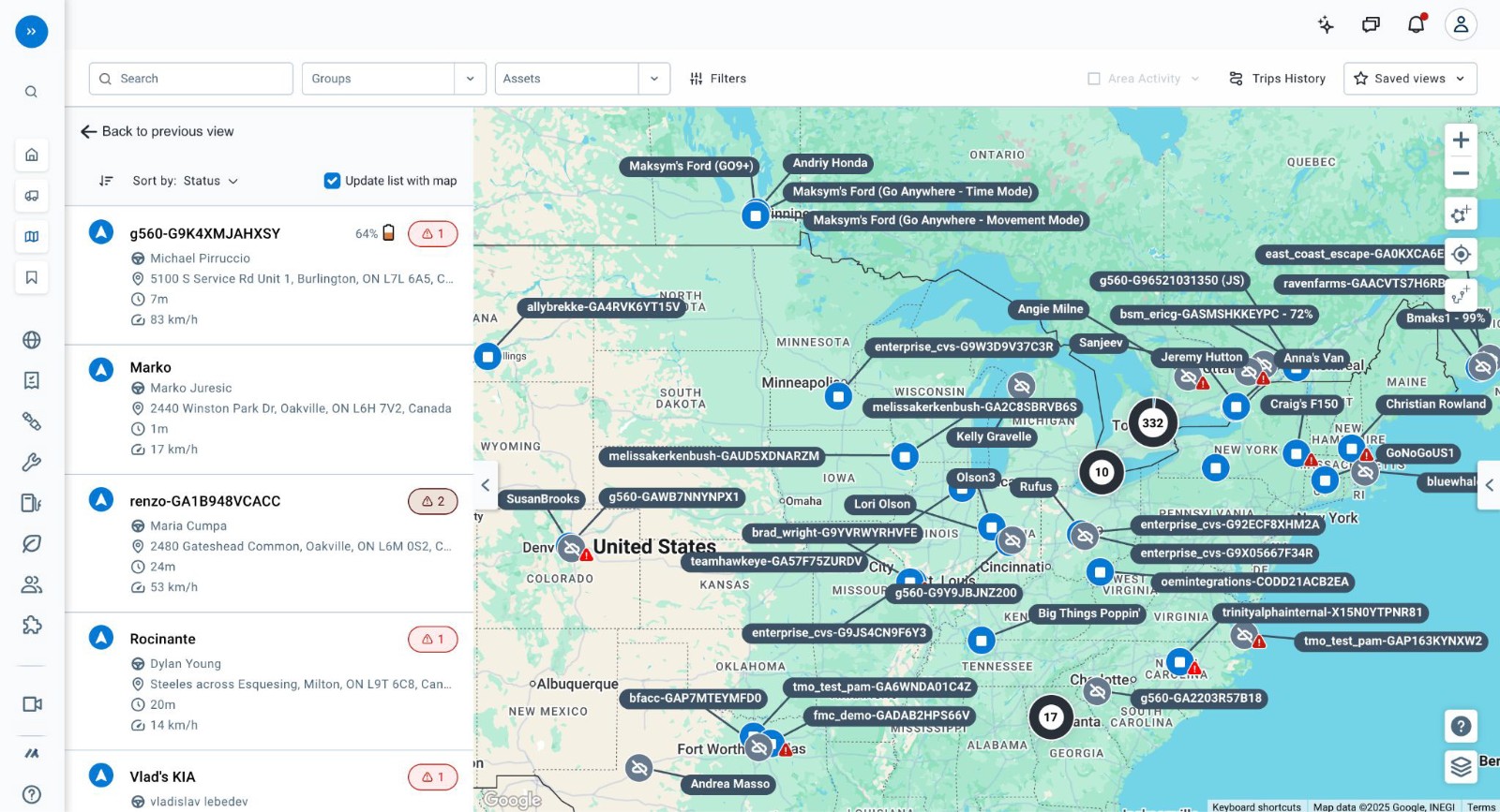 The MyGeotab live map with the whole fleet in view