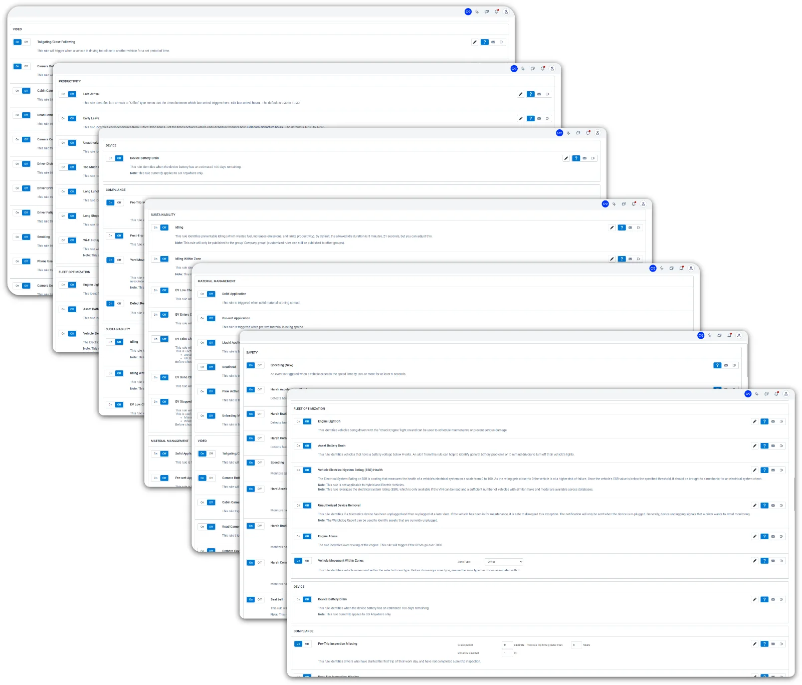 MyGeotab rule libraries across safety, productivity, compliance, sustainability, and more