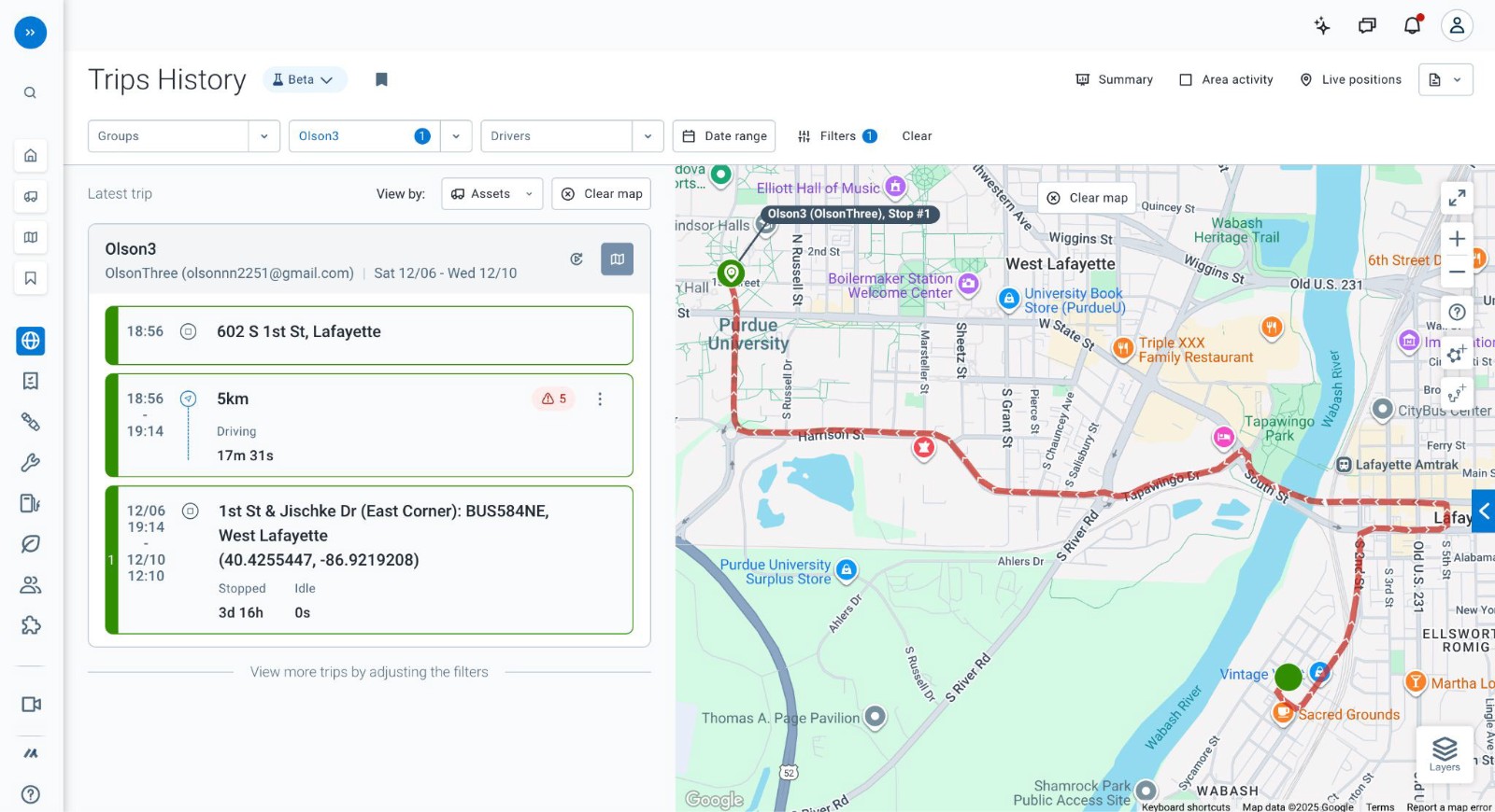 MyGeotab trips history mapping every collection route