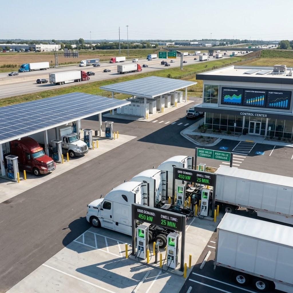 Electric fleet trucks at a solar charging hub