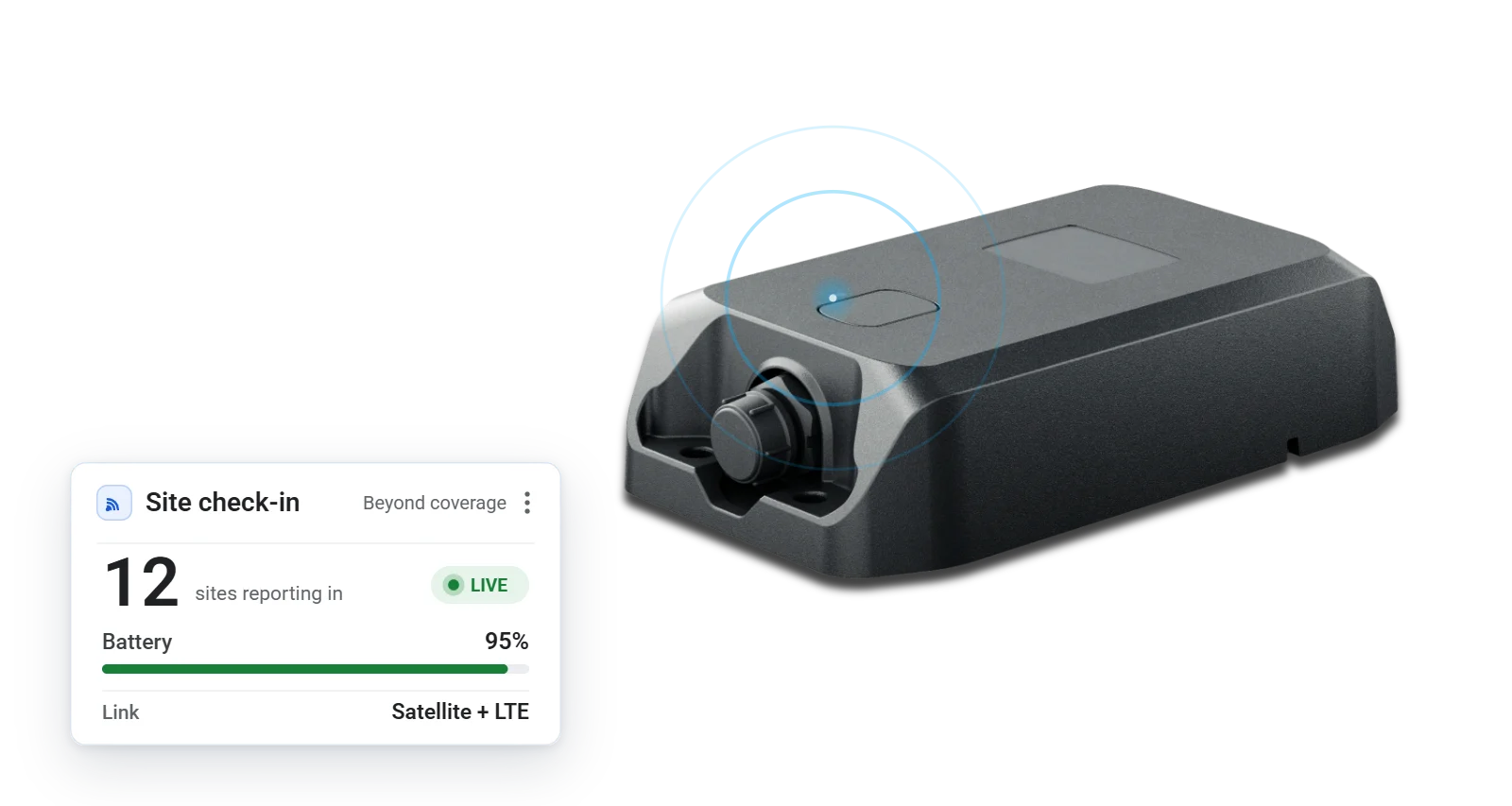 GO Anywhere Plus site check-in: rings from the top-face LED, 95% battery and the Satellite + LTE link on the live card
