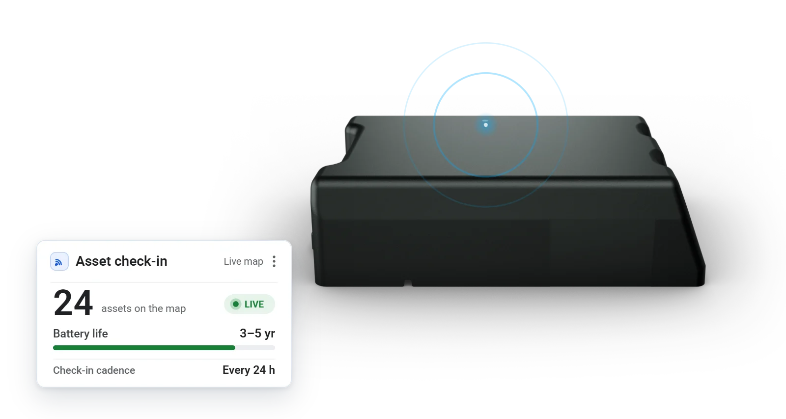 GO Anywhere check-in pulse: signal rings breathing from the LED while the live card holds battery life and cadence