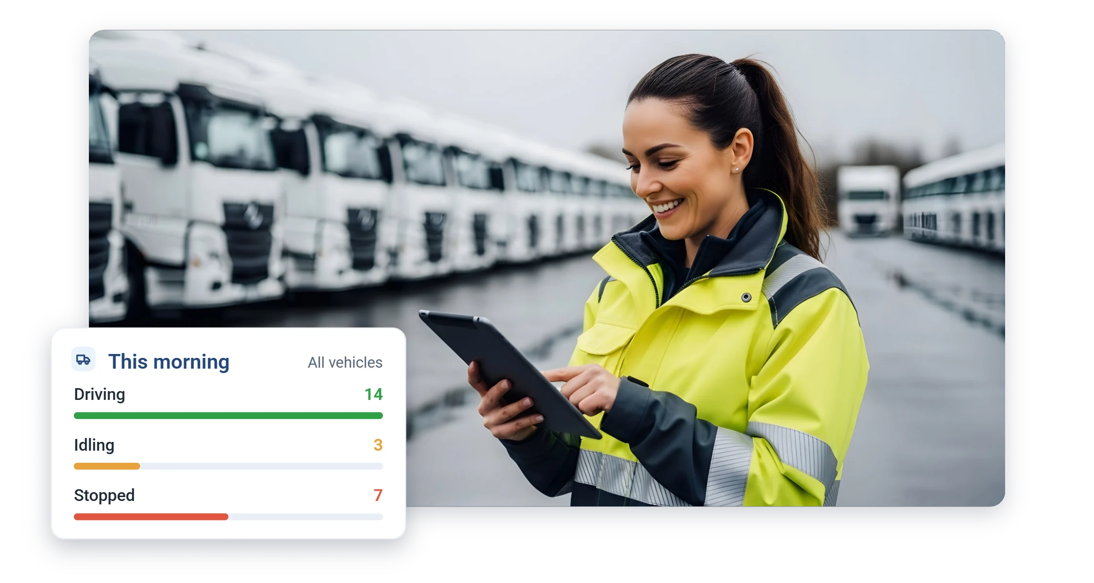 Morning rollout card ticking live: driving, idling and stopped counts for dispatch