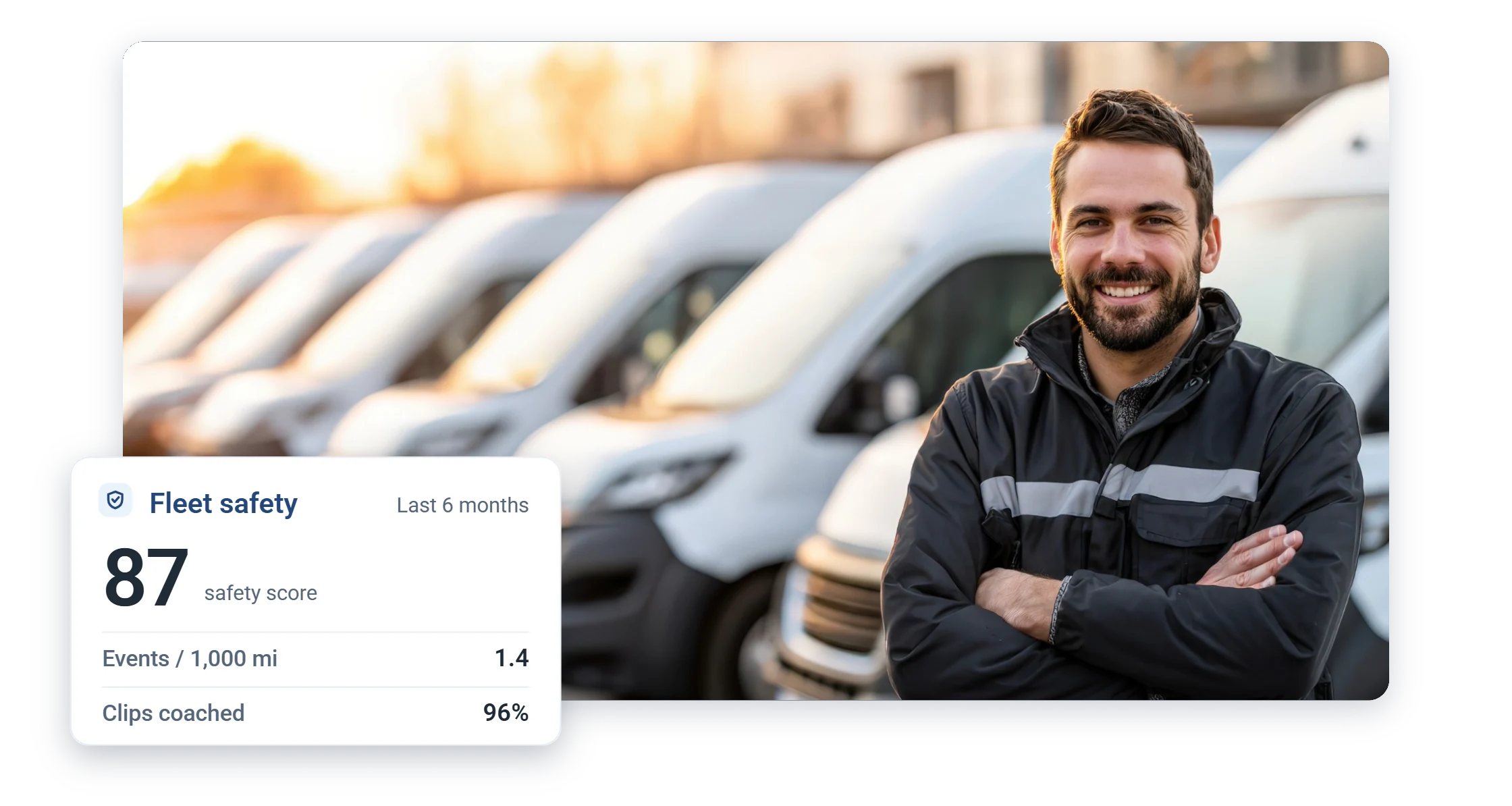 Fleet safety score card over a van fleet photo: score 87, clips coached 96 percent