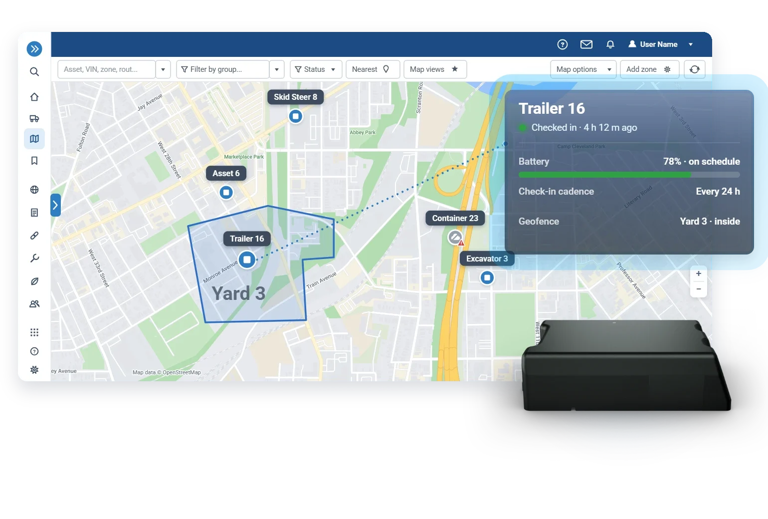 GO Anywhere asset check-ins landing on the live MyGeotab map