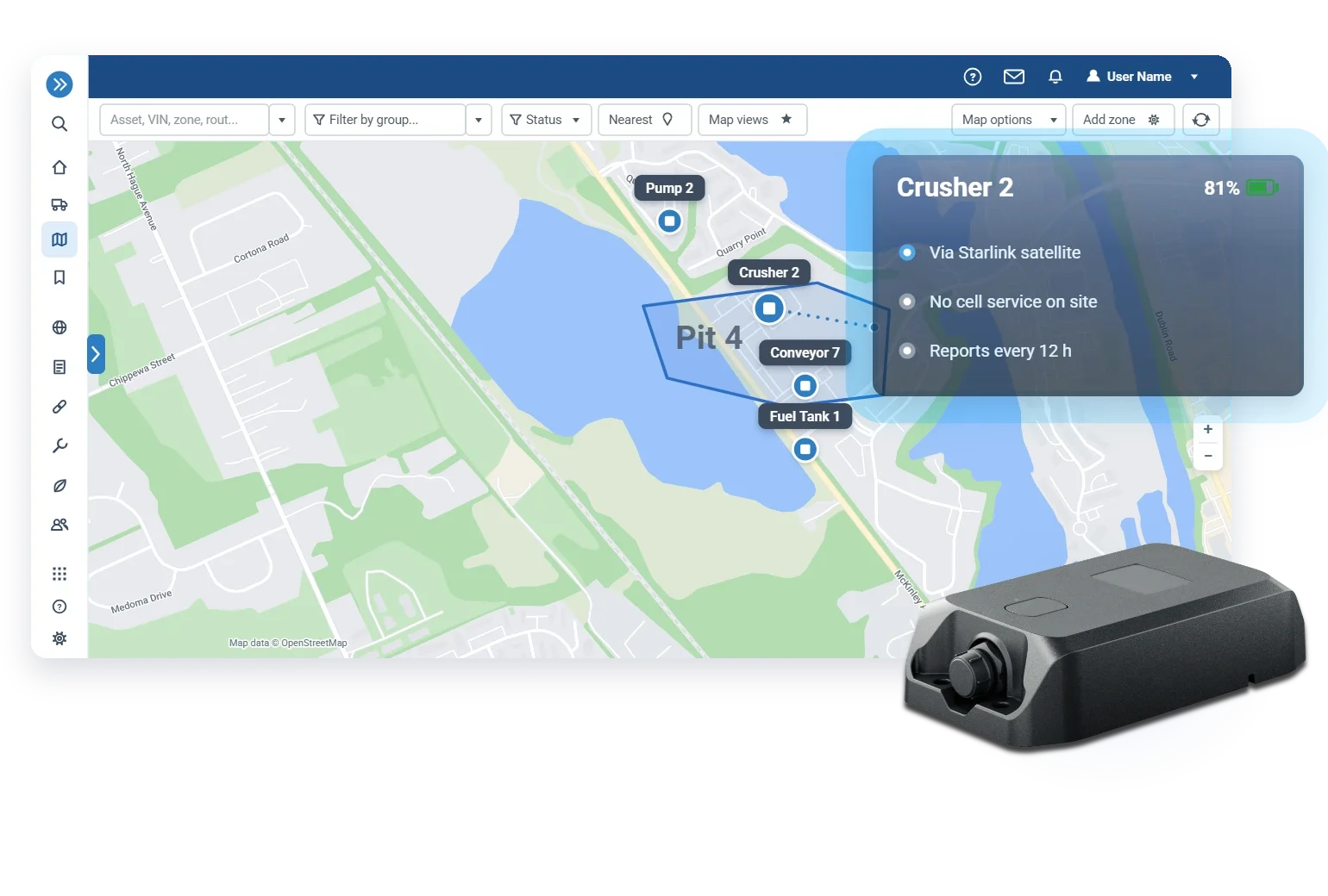 Satellite site scene · off-grid asset check-ins reaching MyGeotab