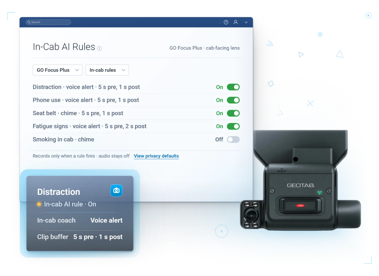 GO Focus Plus · in-cab AI rules, alerts spoken in the cab