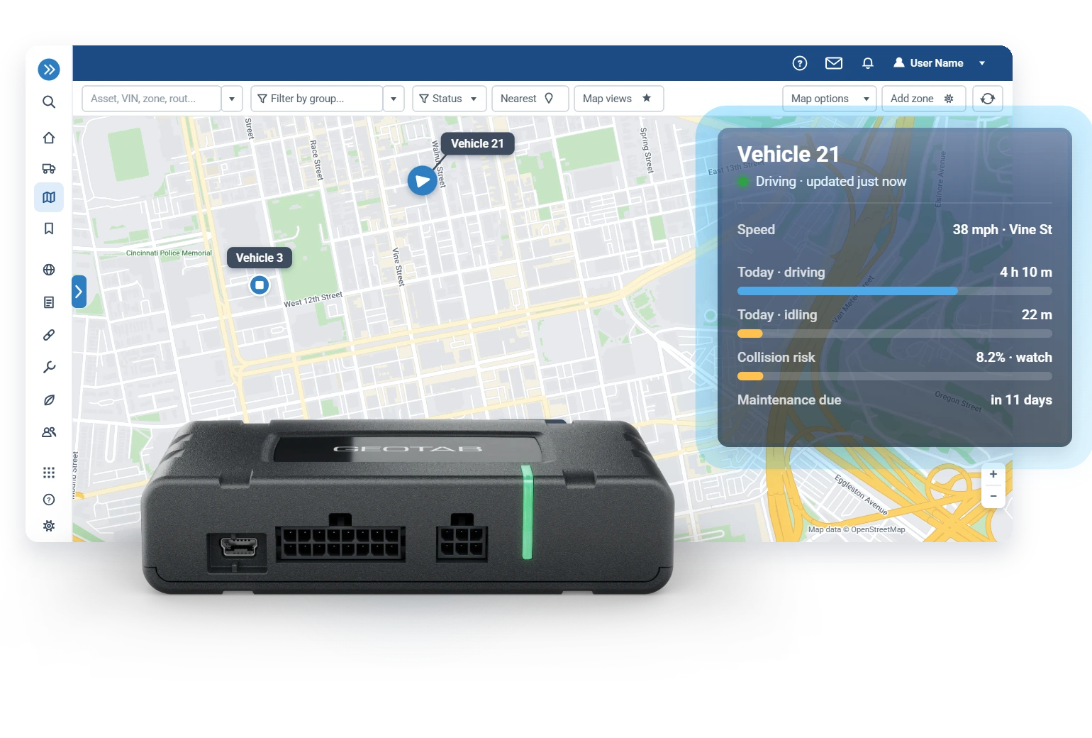 MyGeotab live fleet map with every vehicle on one map, status and speed updating in seconds