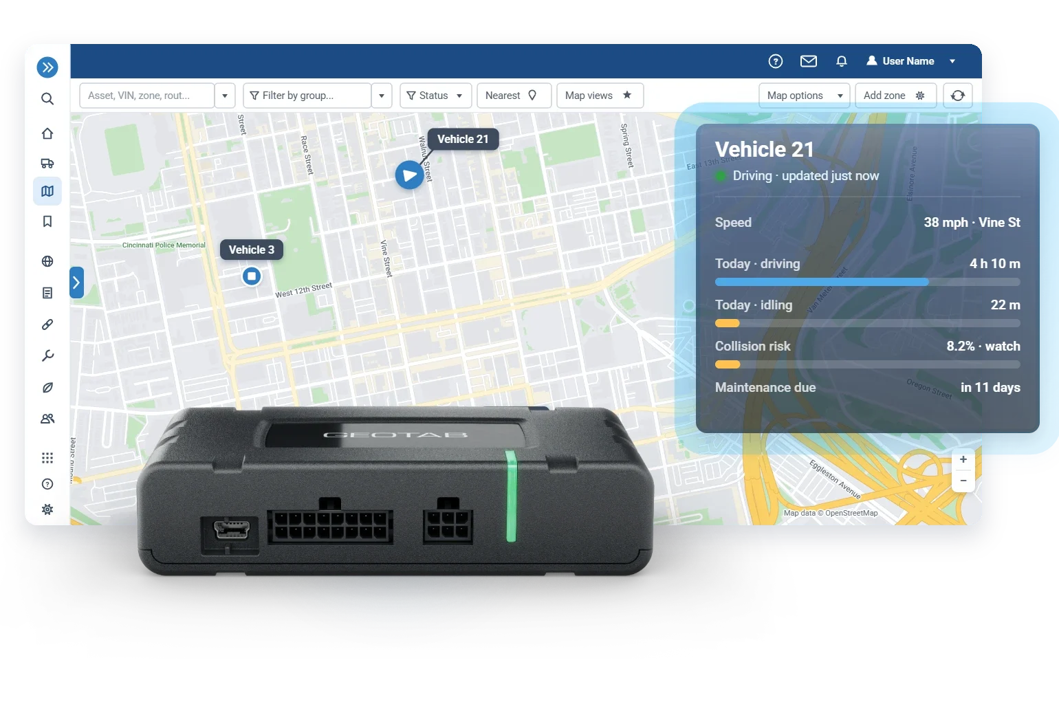 GO10 live on the MyGeotab map · Vehicle 21 updated in seconds
